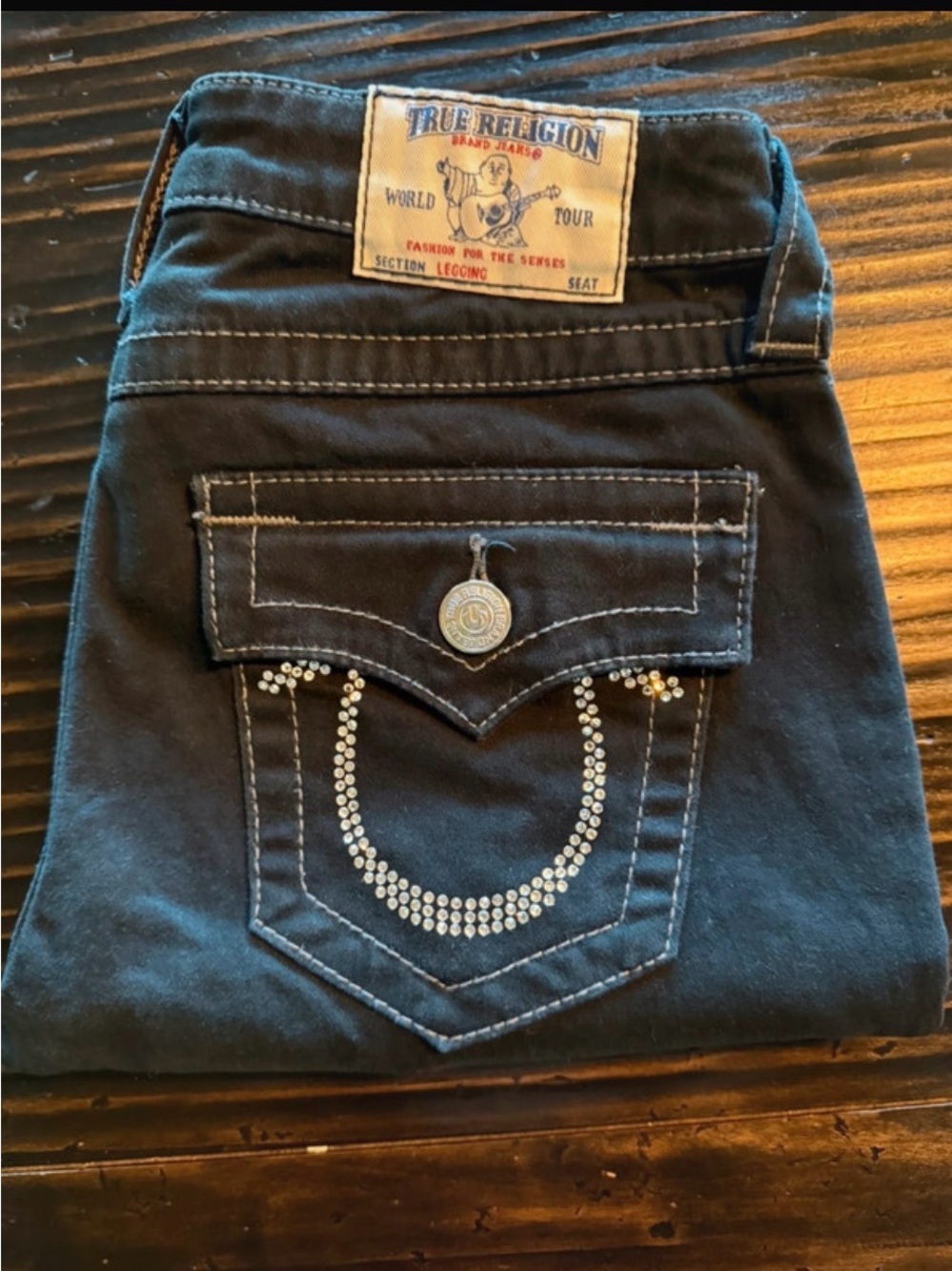 True Religion Dark Navy Rhinestone Pocket Jeans